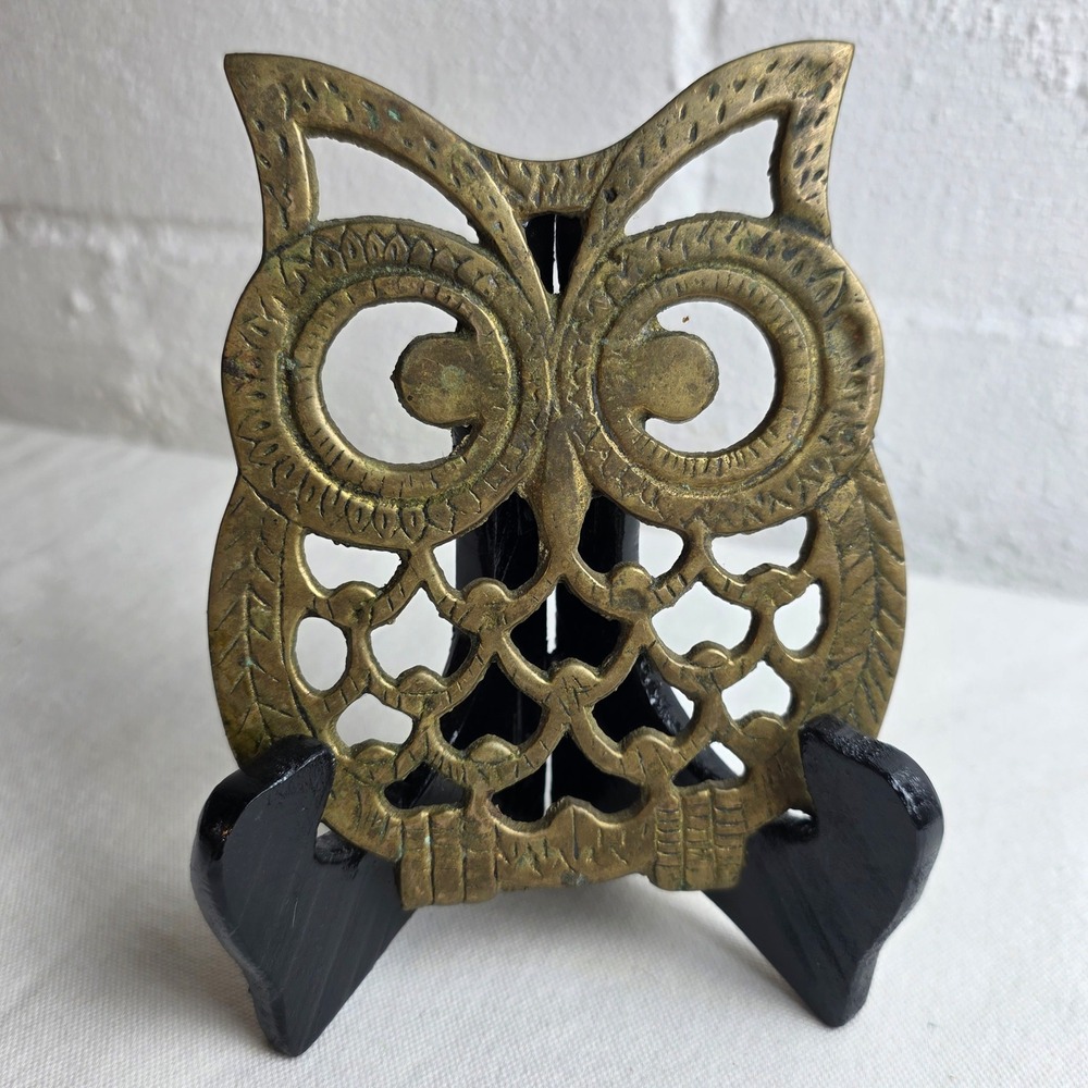Vintage Solid Brass Owl Trivet Footed Wall Decor Mid Century Boho Gold Bird